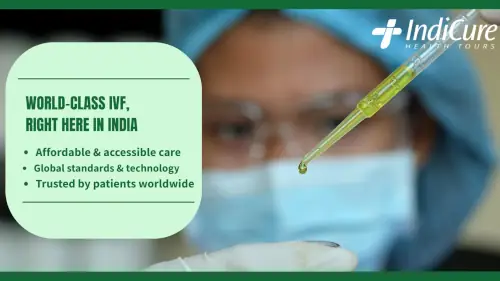 A close-up shot of a medical professional in a sterile lab, wearing a mask and gloves, using a pipette to handle a small vial. The image features a text overlay that says, "WORLD-CLASS IVF, RIGHT HERE IN INDIA," with points about affordable care, global technology, and trust.